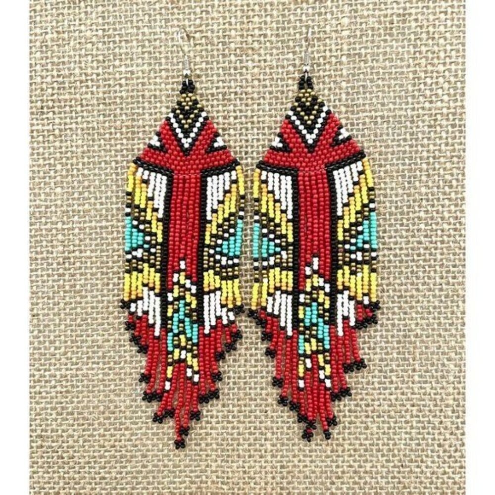 Handmade Miyuki Seed-Bead Fringe Dangling Earrings Western Style Red NWT - Picture 7 of 9